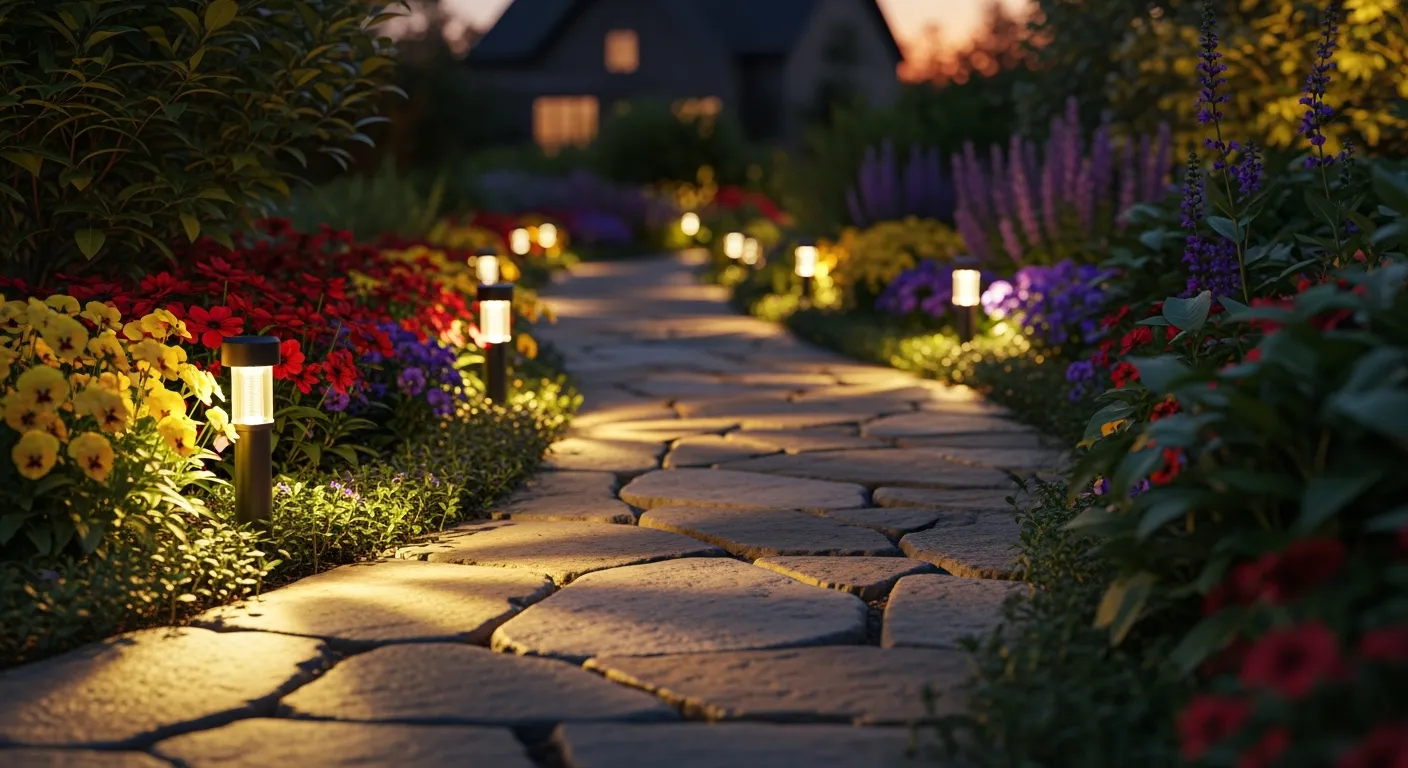 Sfeervolle padverlichting solar verlicht tuinpad bij schemer.
