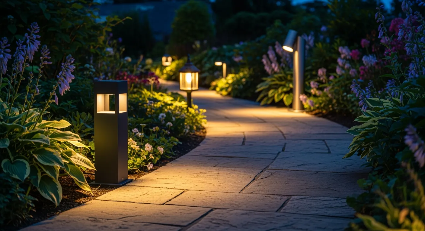 Sokkellamp buiten verlicht sfeervol tuinpad in schemering. Moderne en klassieke buitenlamp sokkel designs.