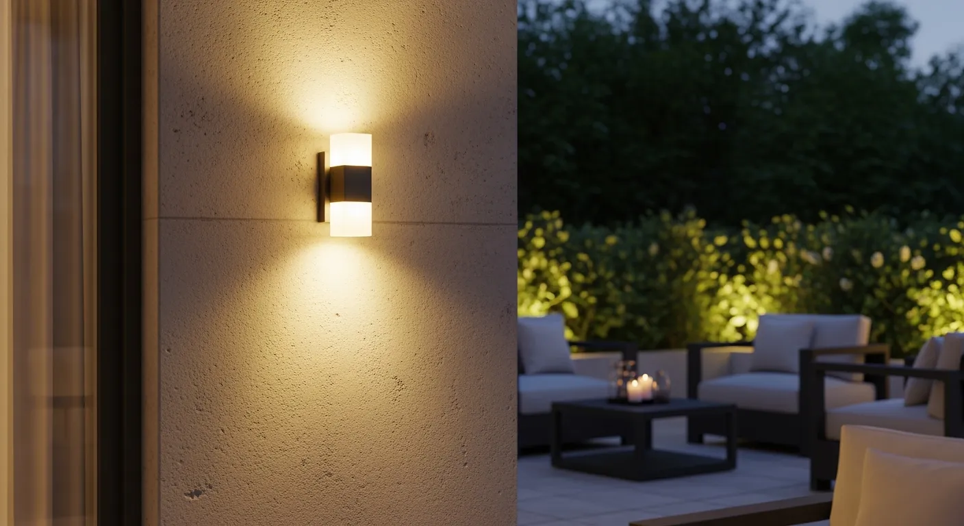 Oplaadbare buitenlamp verlicht sfeervol een modern terras bij schemering.