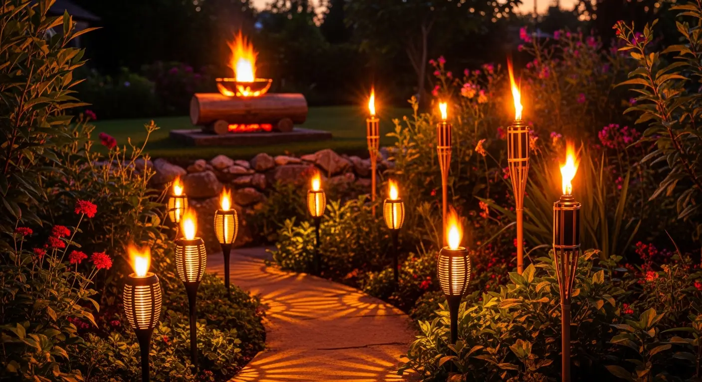 Sfeervolle tuin met **tuinfakkels** en led varianten die een warme gloed geven bij zonsondergang.