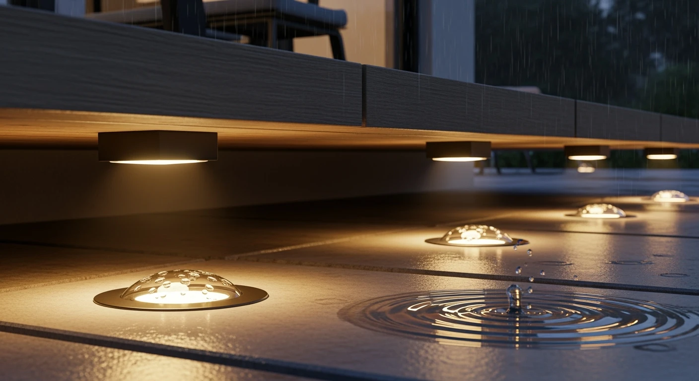 Inbouwspots buiten: sfeervolle tuinspots inbouw op modern terras, waterdicht en warm wit licht.