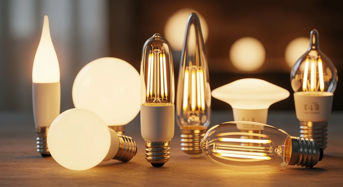 E14 LED lampen: Verschillende modellen en designs op een houten ondergrond.
