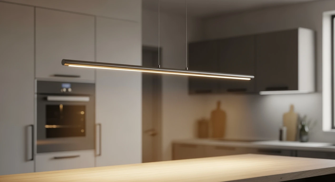 Stijlvolle LED hanglamp boven een moderne keuken. Energiezuinige eettafel hanglamp in minimalistisch design.