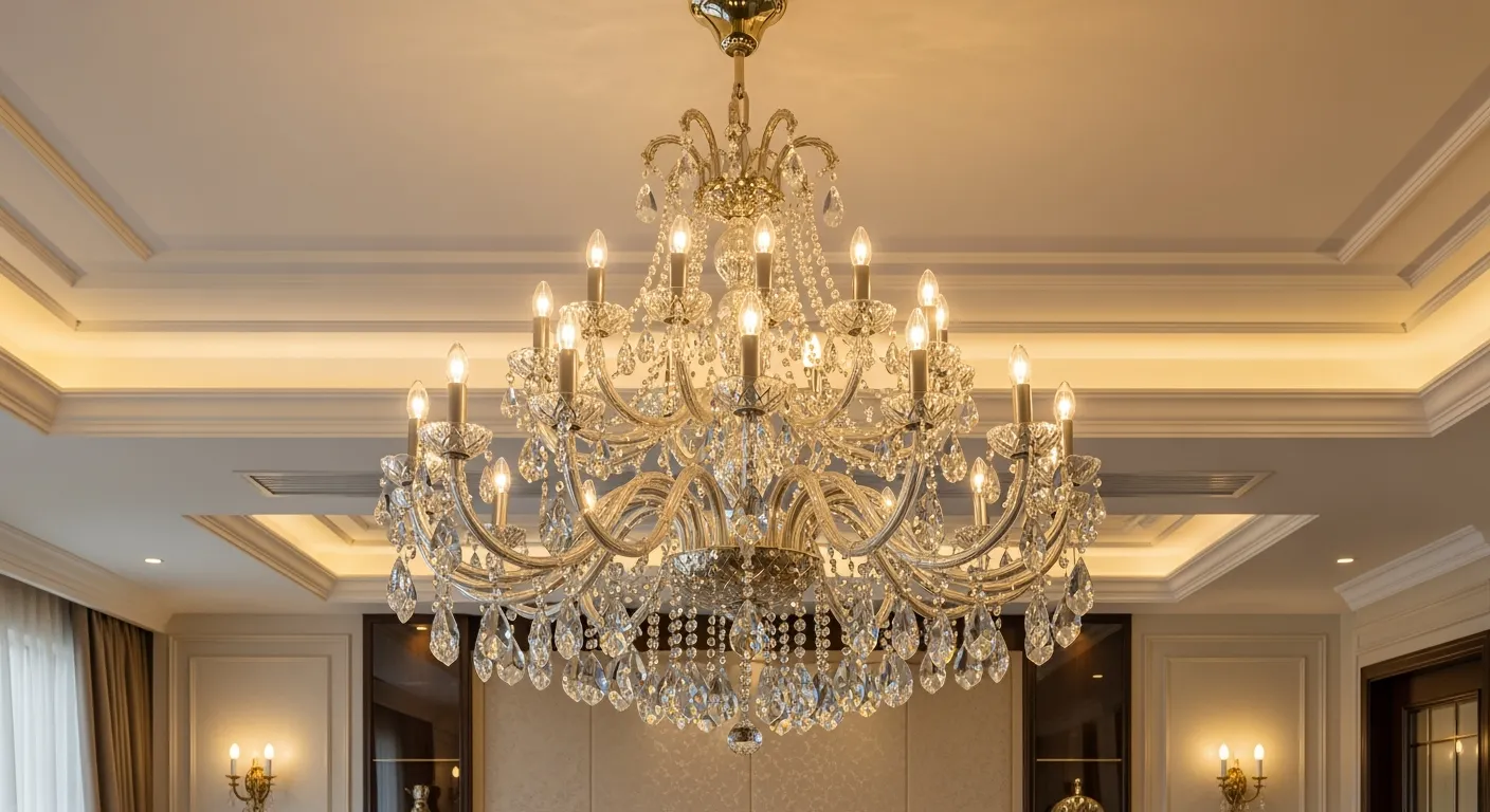 Luxe woonkamer met kristallen LED kroonluchter. Energiezuinige kroonluchter modern design.