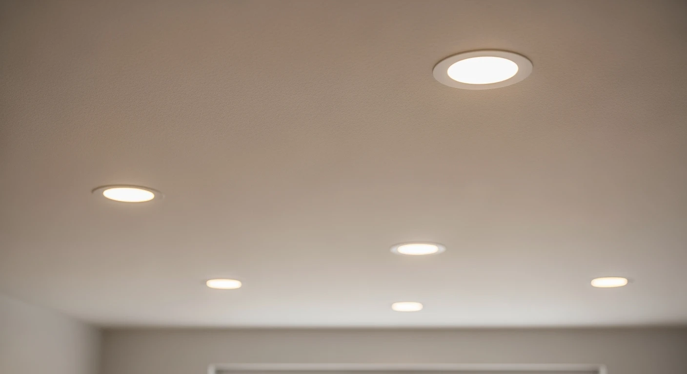 Moderne woonkamer met witte plafond en warm witte led inbouwspots.