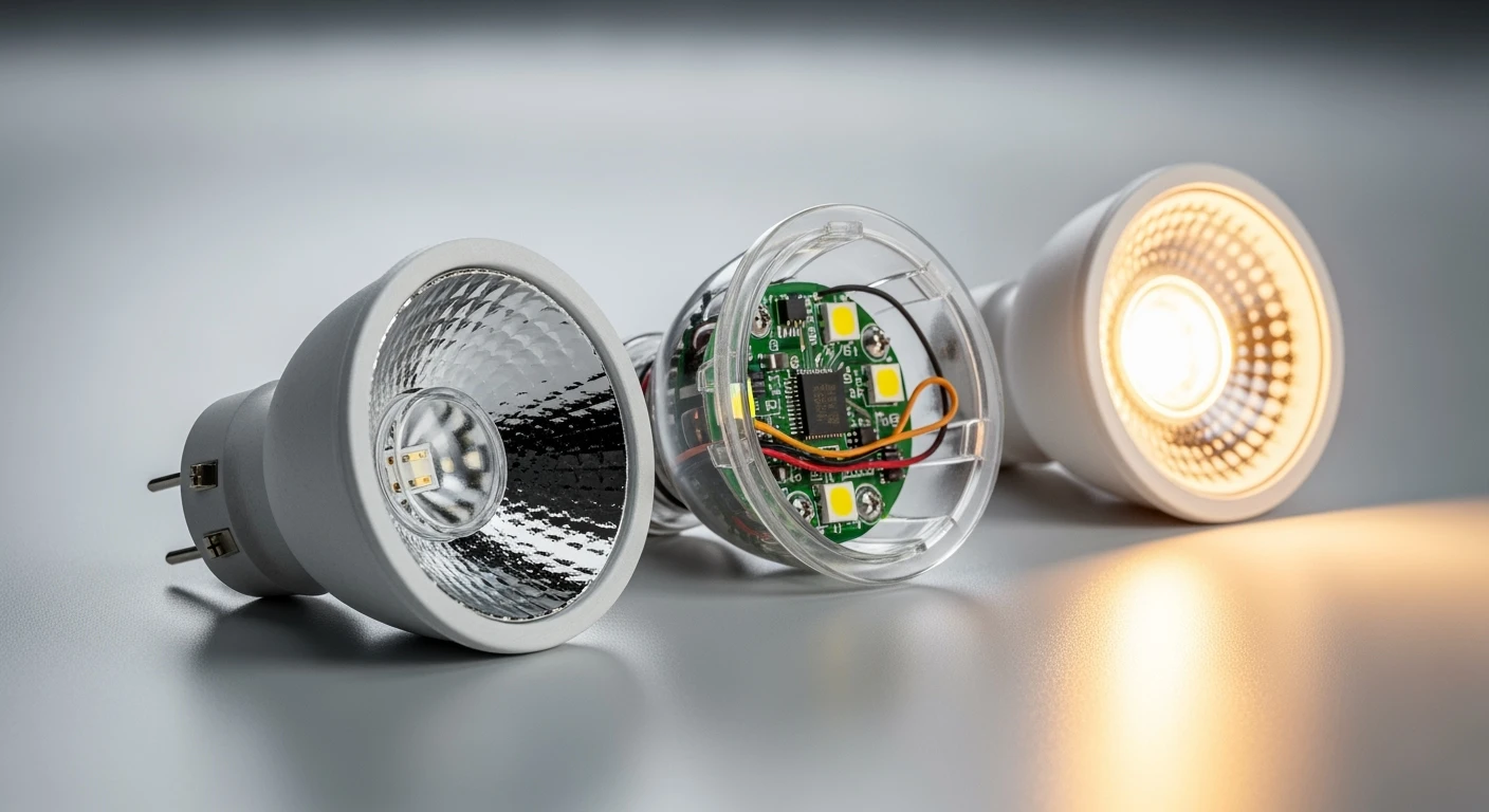 GU4 LED spot close-up: details, interne componenten en warm licht.