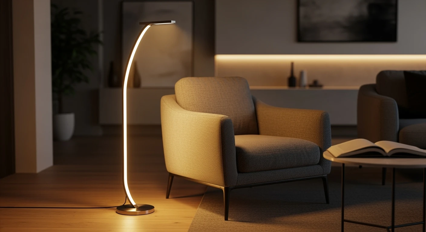 Stijlvolle LED vloerlamp verlicht modern interieur. Sfeervolle led vloerverlichting naast fauteuil.