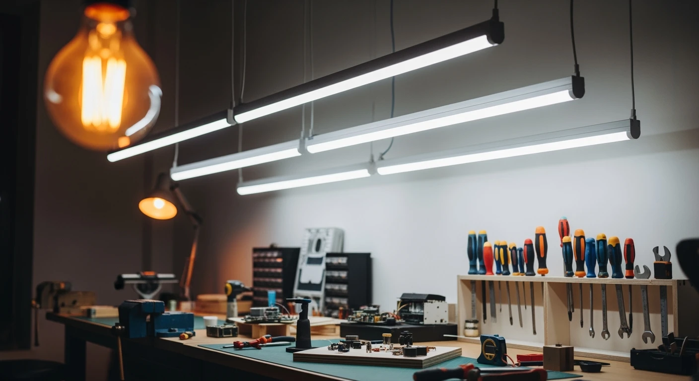 Moderne werkplaats verlicht met heldere LED TL verlichting boven een georganiseerde werkbank.