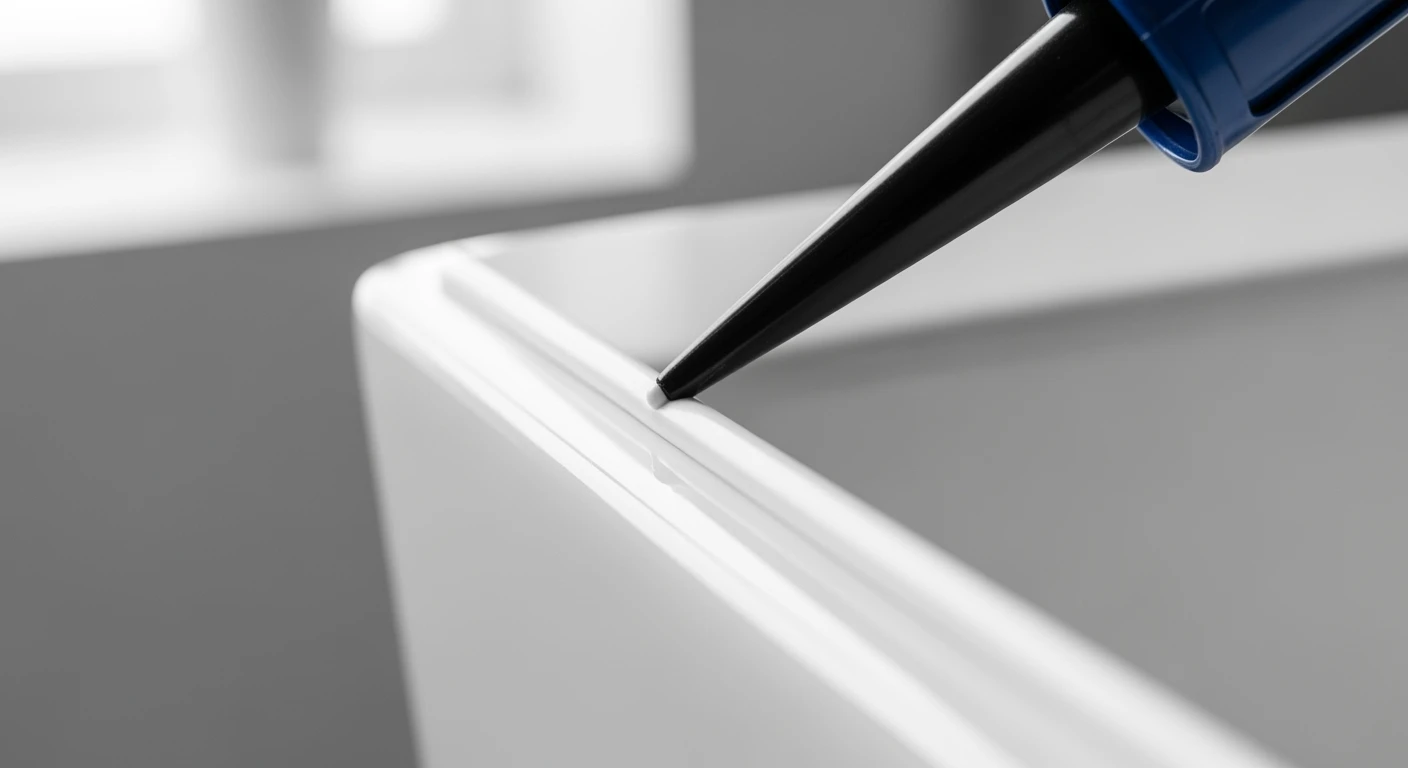 Witte siliconenkit strak aangebracht op een moderne wasbak.