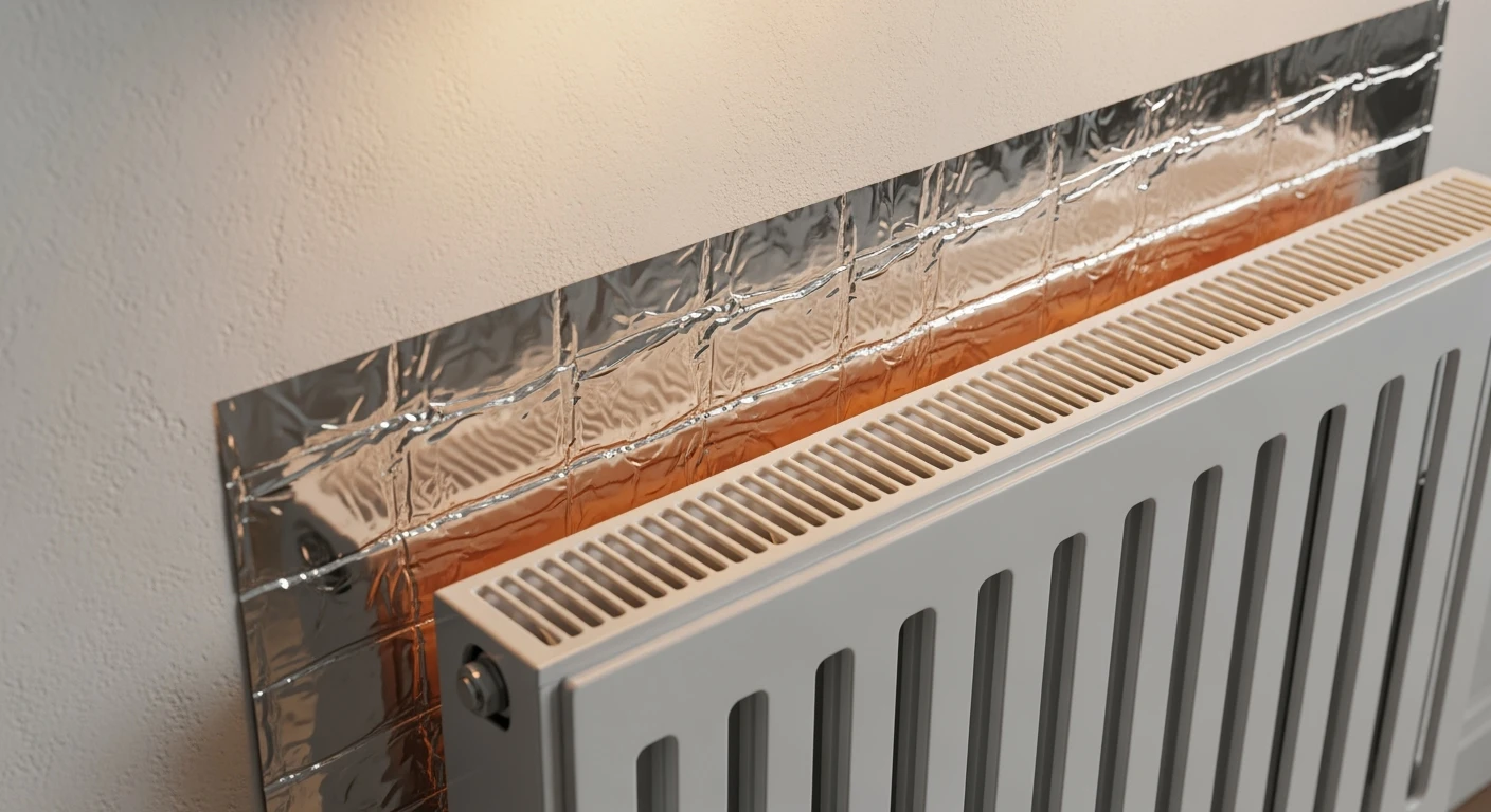 Isolatiefolie achter radiator reflecteert warmte. Folie isolatie voor energiebesparing.