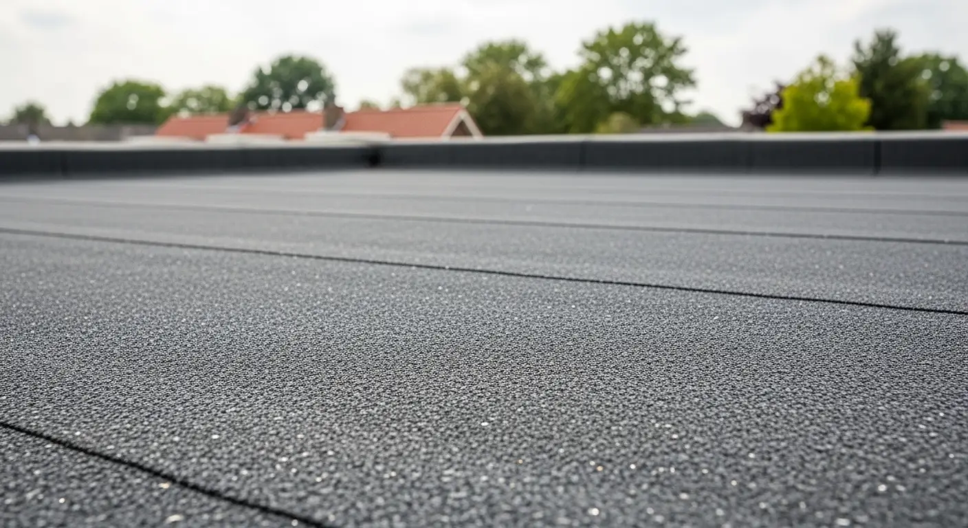 Bitumen dakbedekking: detailopname van een plat dak met duurzame dakbedekking bitumen.