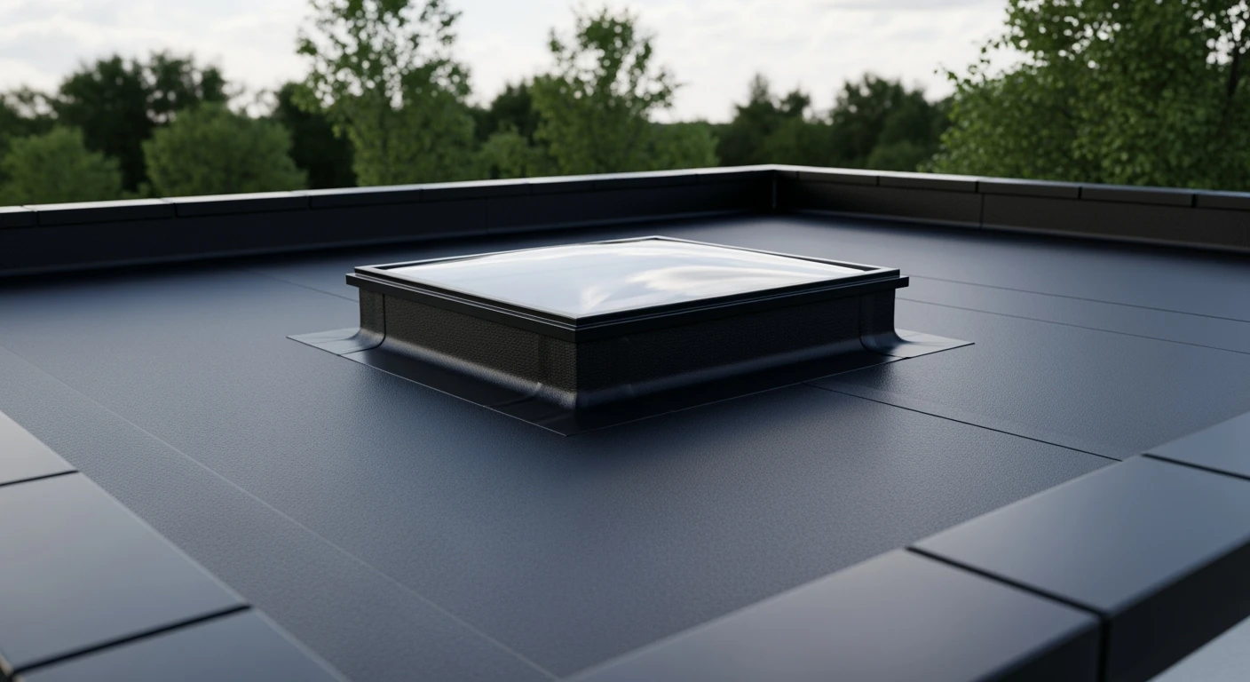 EPDM dakbedekking: Naadloos EPDM dak met skylight op modern gebouw.