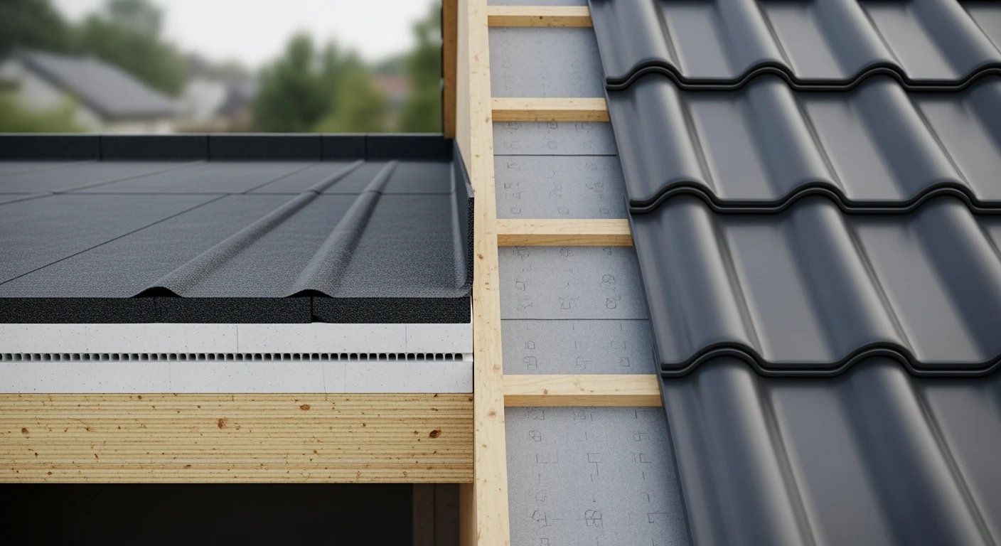 Dakbedekking: Doorsnede plat & hellend dak met EPDM, isolatie en dakpanplaten.