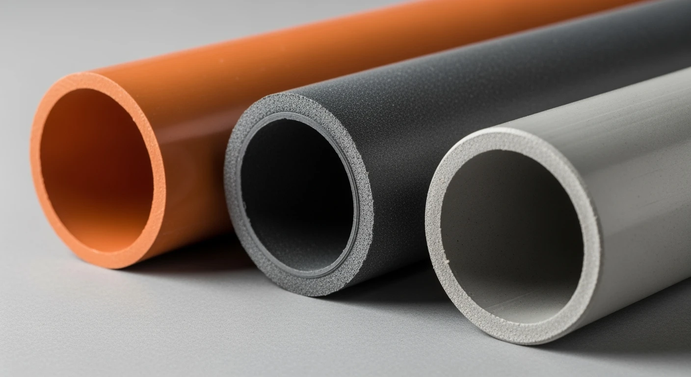 Rioleringsbuis: Verschillende soorten rioolbuizen (PVC, PP, gerecycled) naast elkaar.