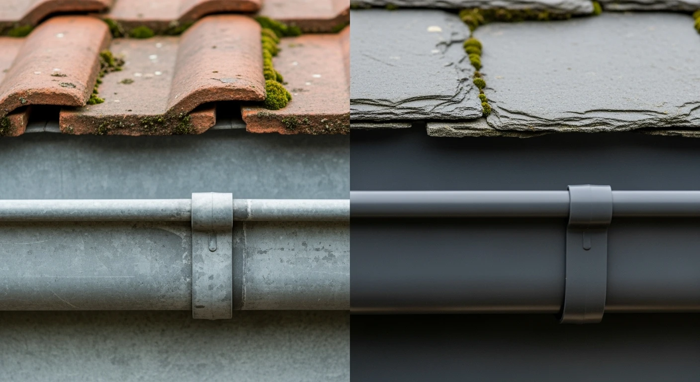 Dakgoot: Zink versus PVC. Detailopname van twee soorten dakgoten op een dak.
