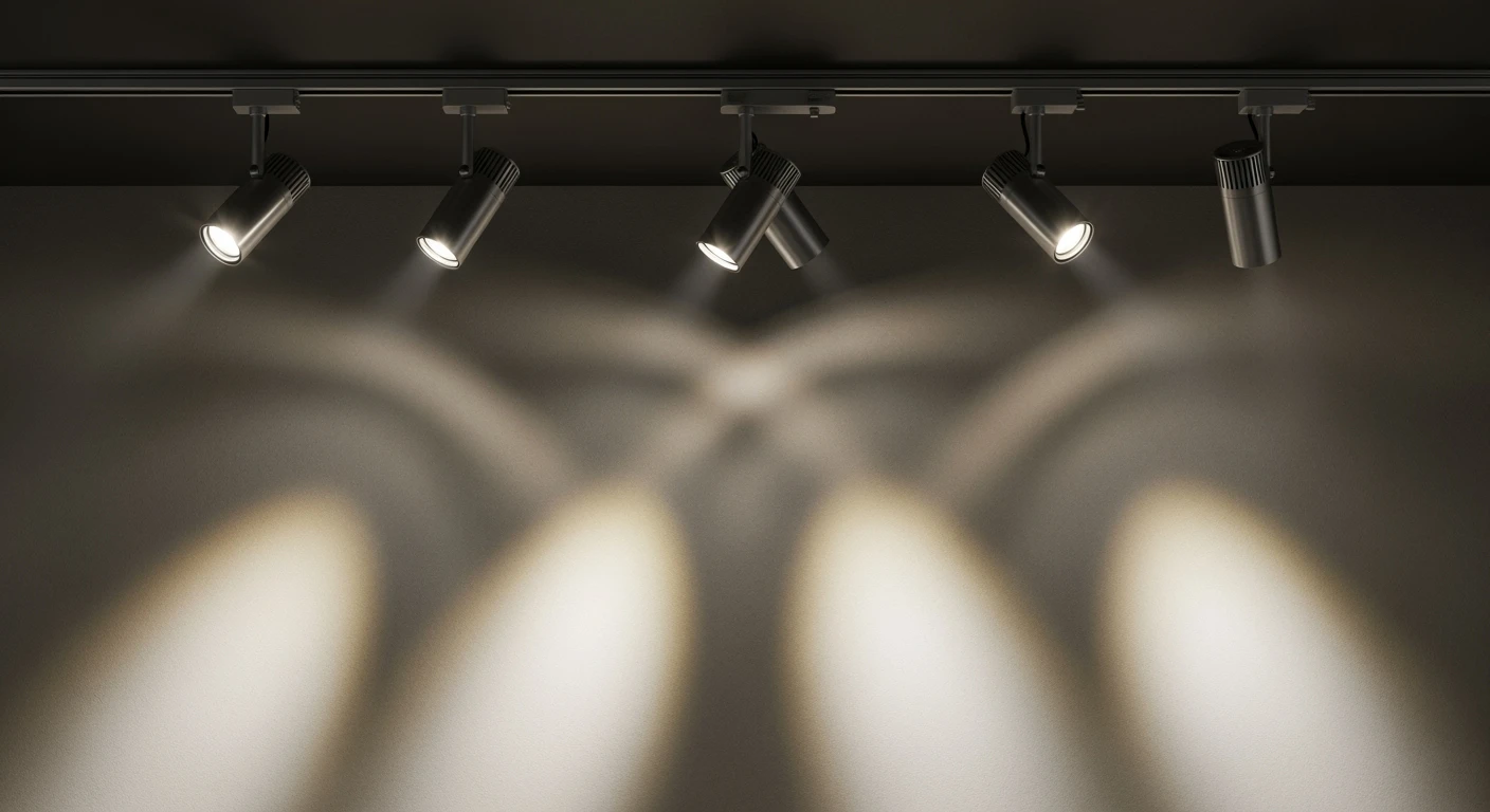 Moderne theaterspots op rail verlichten een muur. Veelzijdige rail theaterspots voor focus en sfeer.