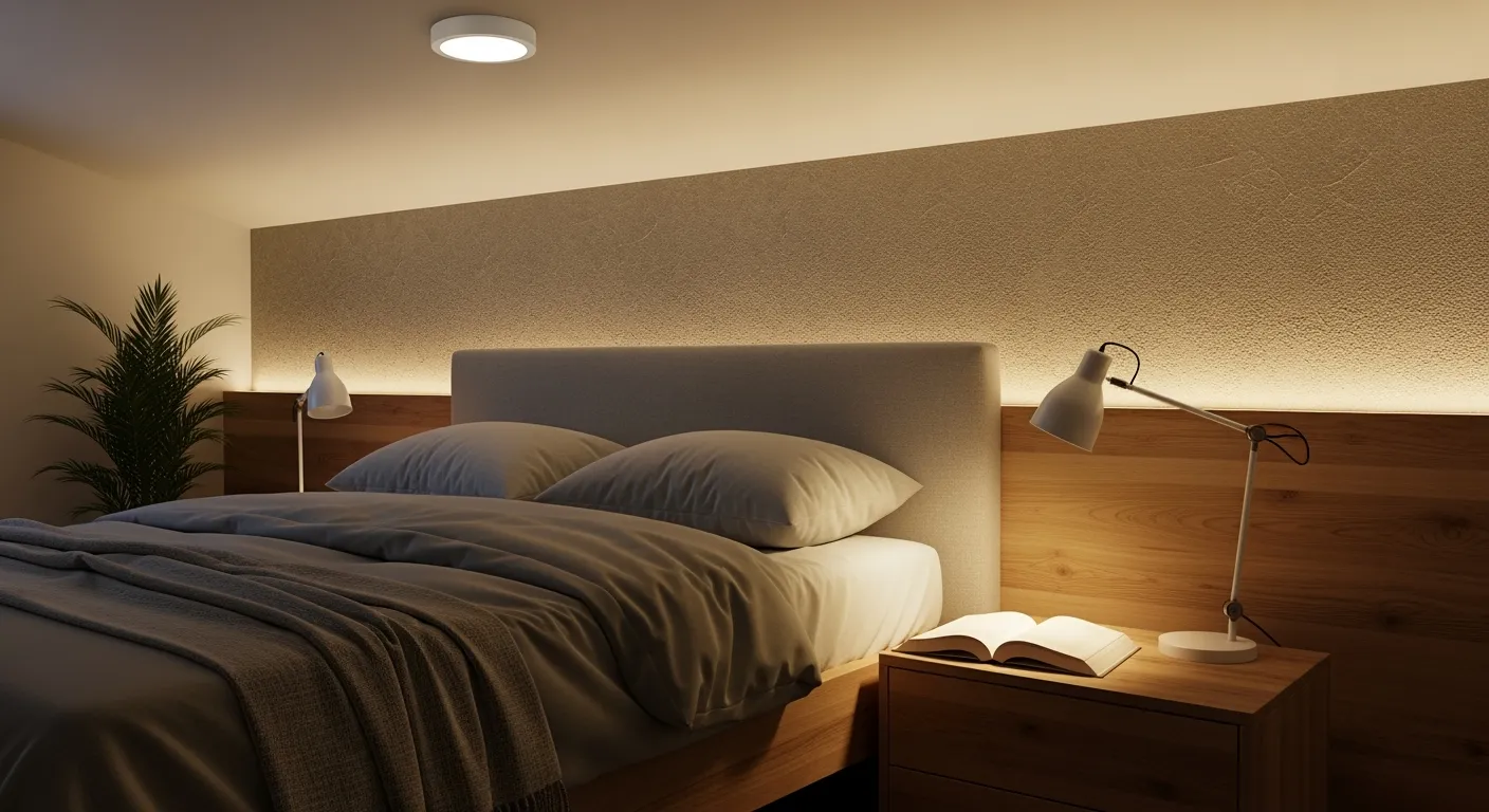 Moderne slaapkamer verlichting: sfeervol lichtplan met leeslamp, accentverlichting en zacht omgevingslicht.
