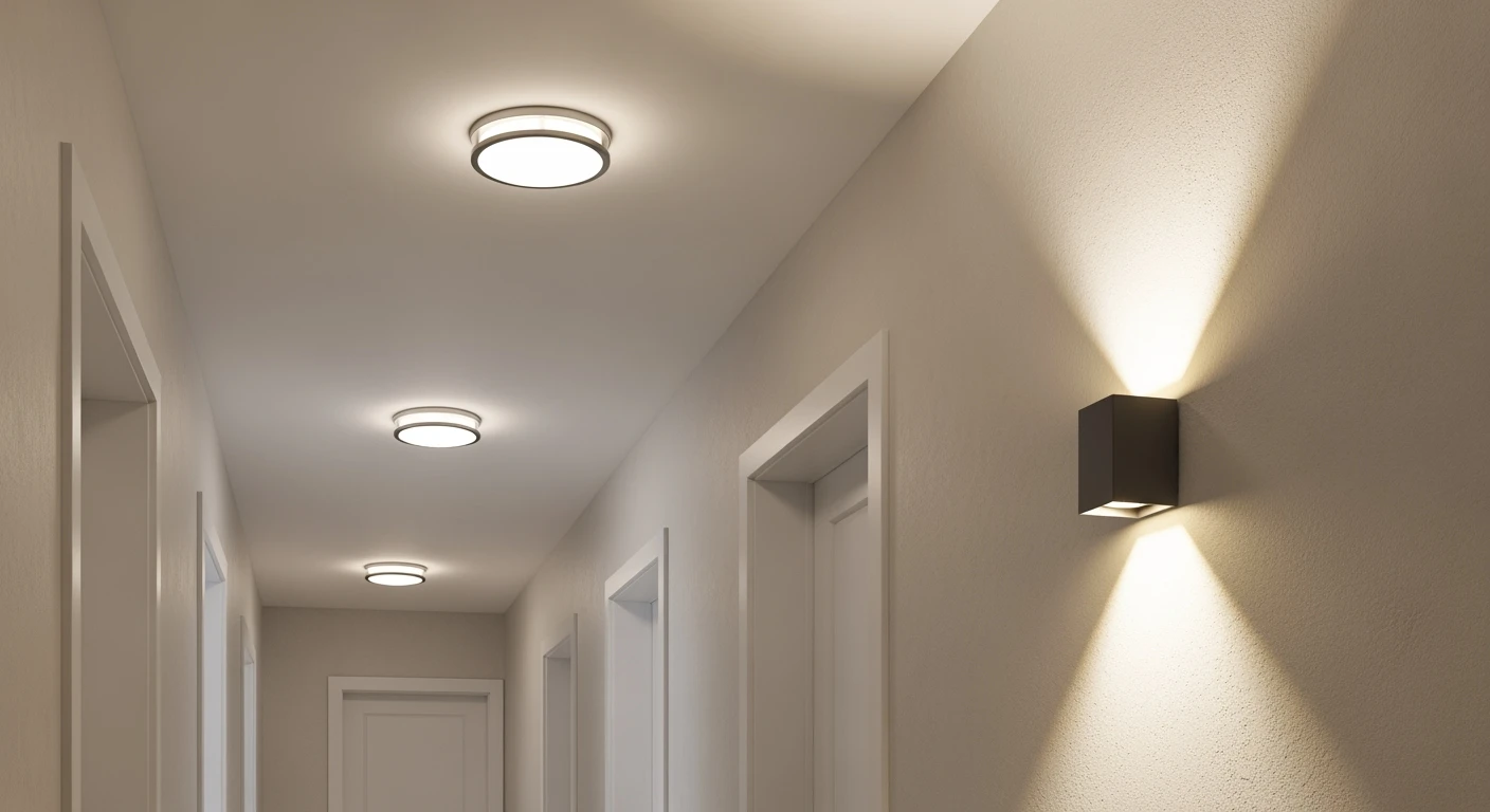 Verlichting hal: Heldere hal met plafondlamp en wandlamp voor een warm welkom.