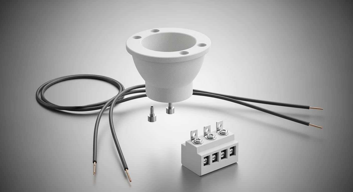 GU10 fitting: losse onderdelen (keramische basis, bedrading, connector) in detail.