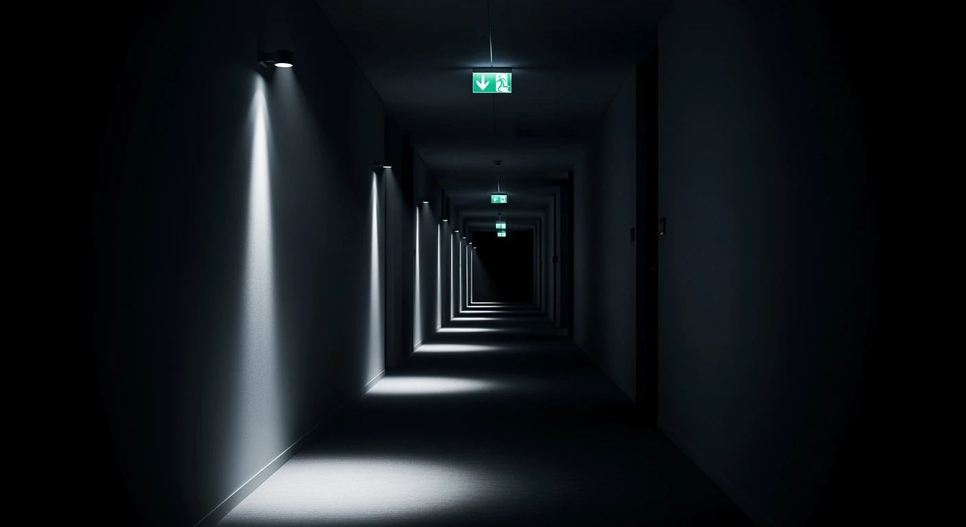 Noodverlichting leidt veilig door een donkere kantoorhal. LED noodlicht wijst de weg tijdens stroomuitval.