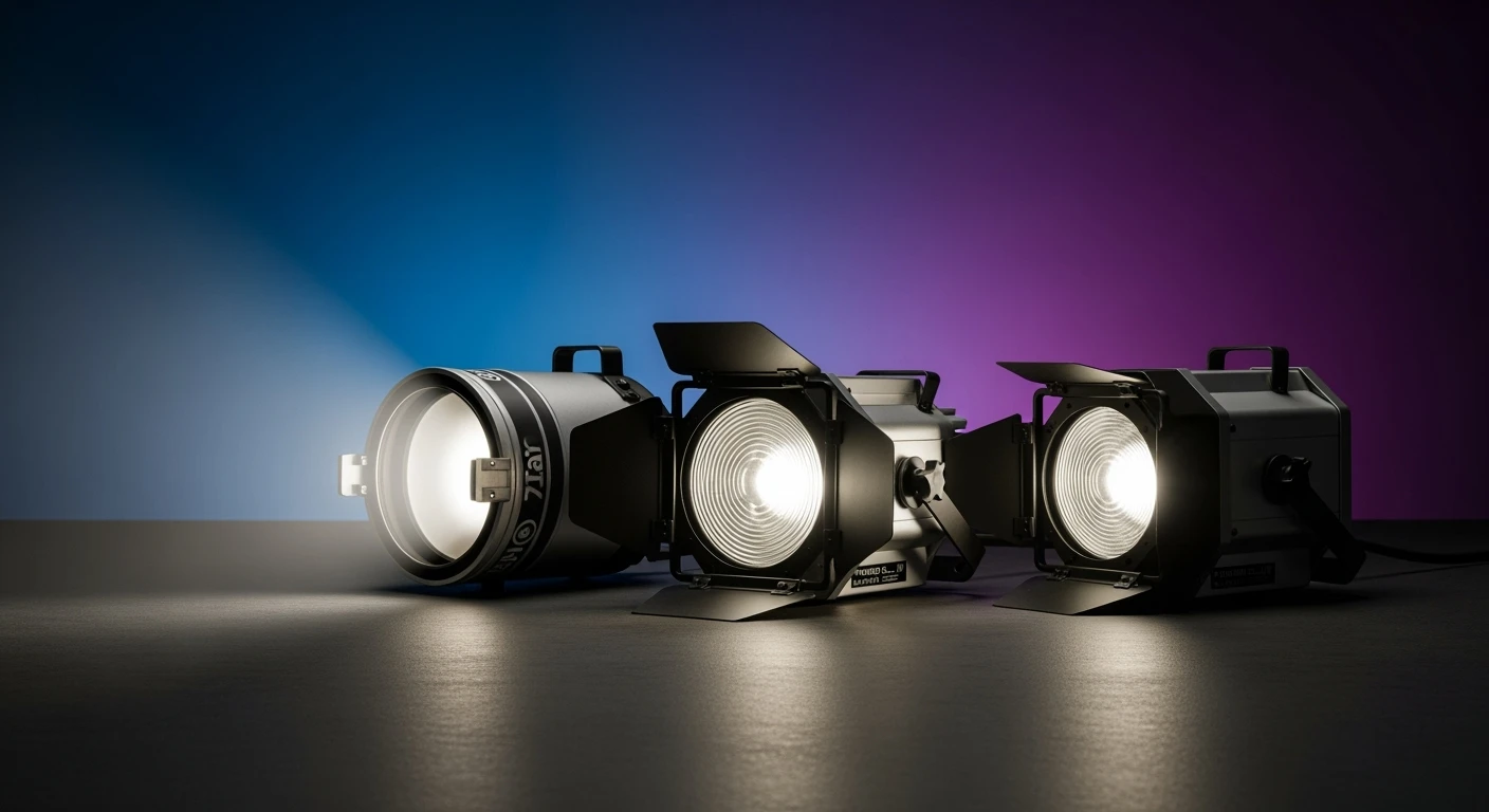 Theaterspots: PAR can, Fresnel en profielspot podiumlicht in product shot.