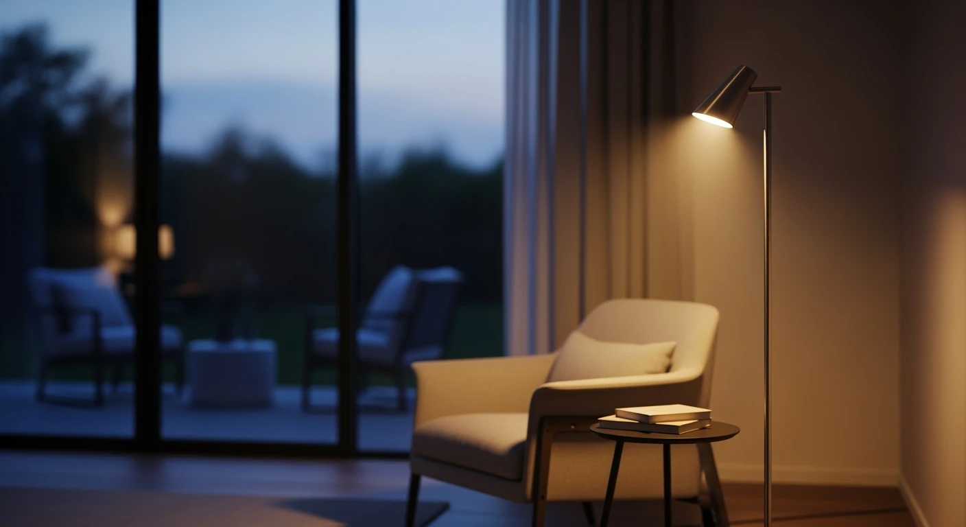 Oplaadbare vloerlamp verlicht sfeervol een moderne woonkamer. Strak design, warm licht, perfect voor de leeshoek.