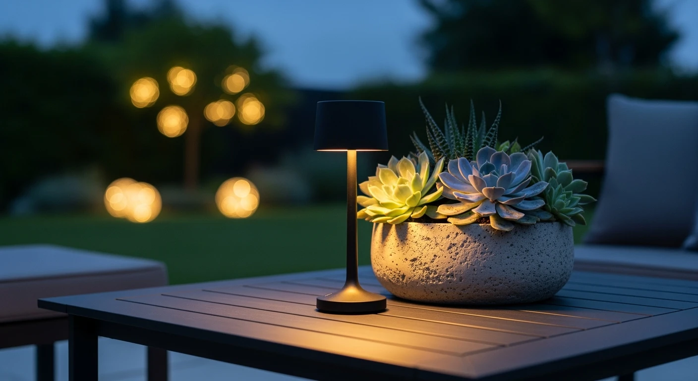 Sfeervolle patio met oplaadbare tafellamp die een warme gloed geeft aan de avond.