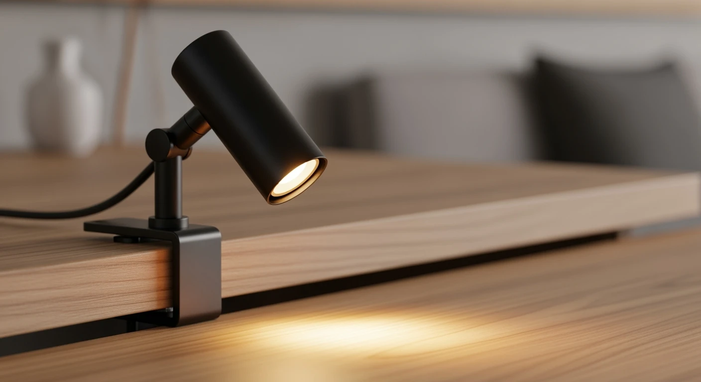 Zwarte klemspot op bureau. Warm licht, sfeervolle bureaulamp voor gericht licht.