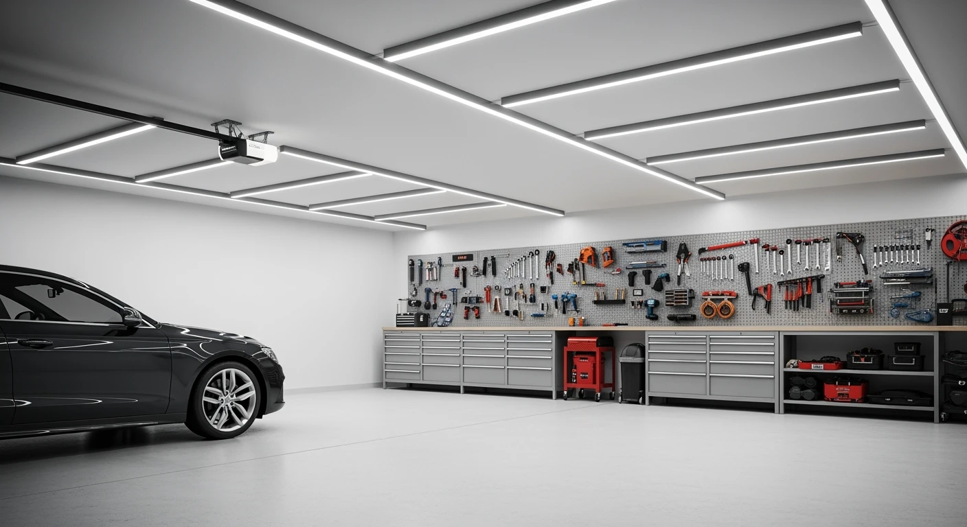 Binnenverlichting garage: LED batten verlichting zorgt voor heldere, gelijkmatige lichtverdeling in een moderne werkplaats.