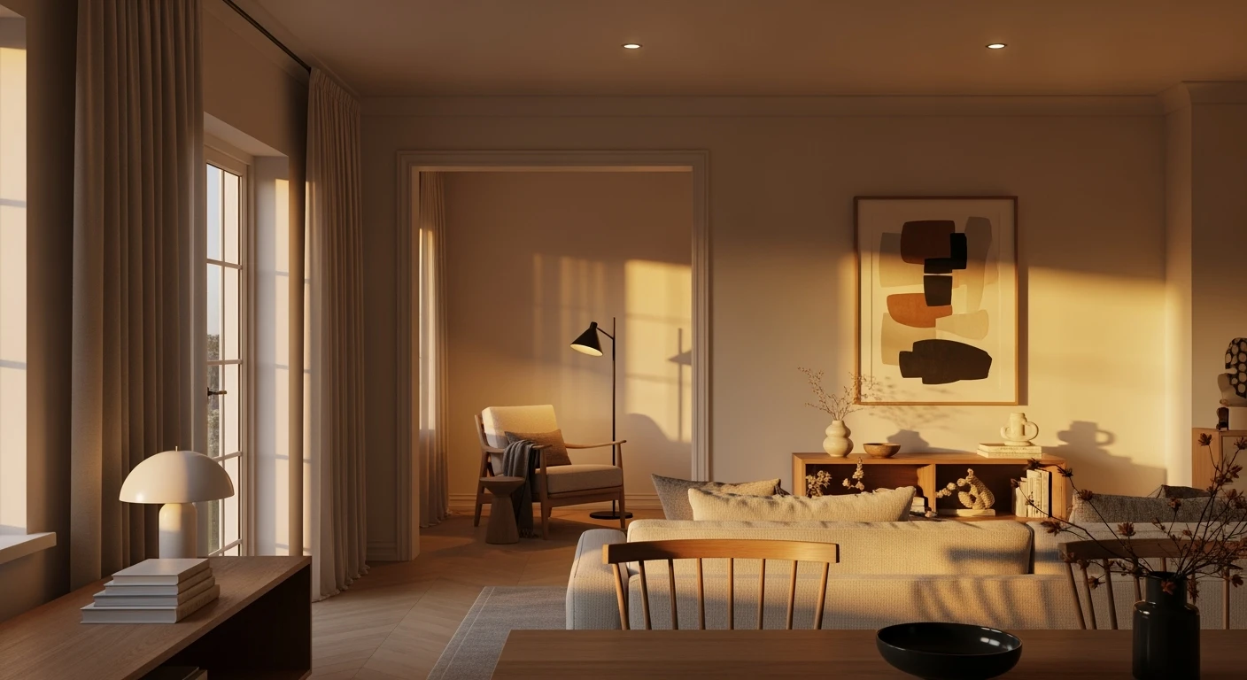 Sfeervolle binnenverlichting woonkamer met gelaagde lichtbronnen en minimalistisch design.