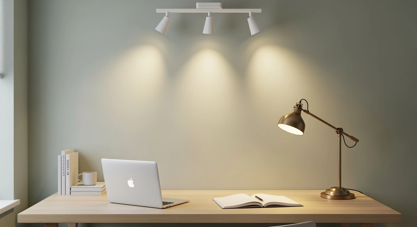 Binnenverlichting thuiskantoor: minimalistische werkplek met spotjes, bureaulamp en laptop.