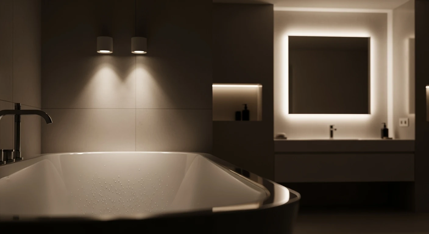 Moderne badkamer met sfeervolle binnenverlichting badkamer en vrijstaand bad.