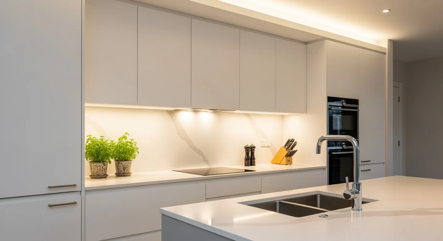 Moderne keuken met sfeervolle binnenverlichting keuken: LED, taakverlichting en accentlicht.