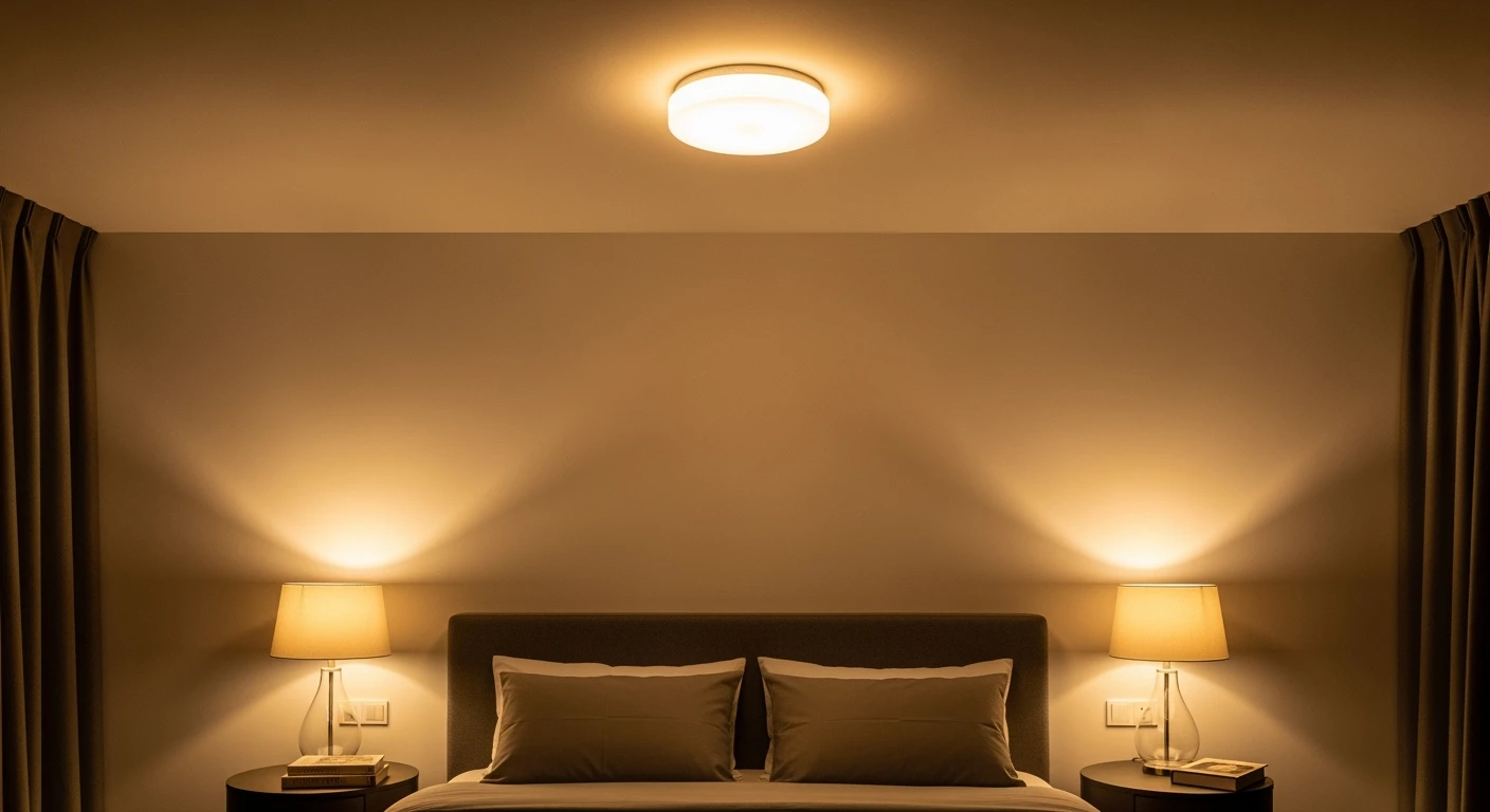 Moderne slaapkamer met sfeervolle binnenverlichting slaapkamer door dimbare LED en bedlampjes.