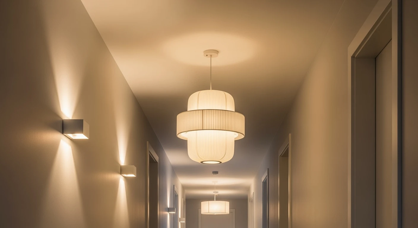 Moderne **binnenverlichting hal** met hanglamp, wandlampen en strak design. Warm en uitnodigend.