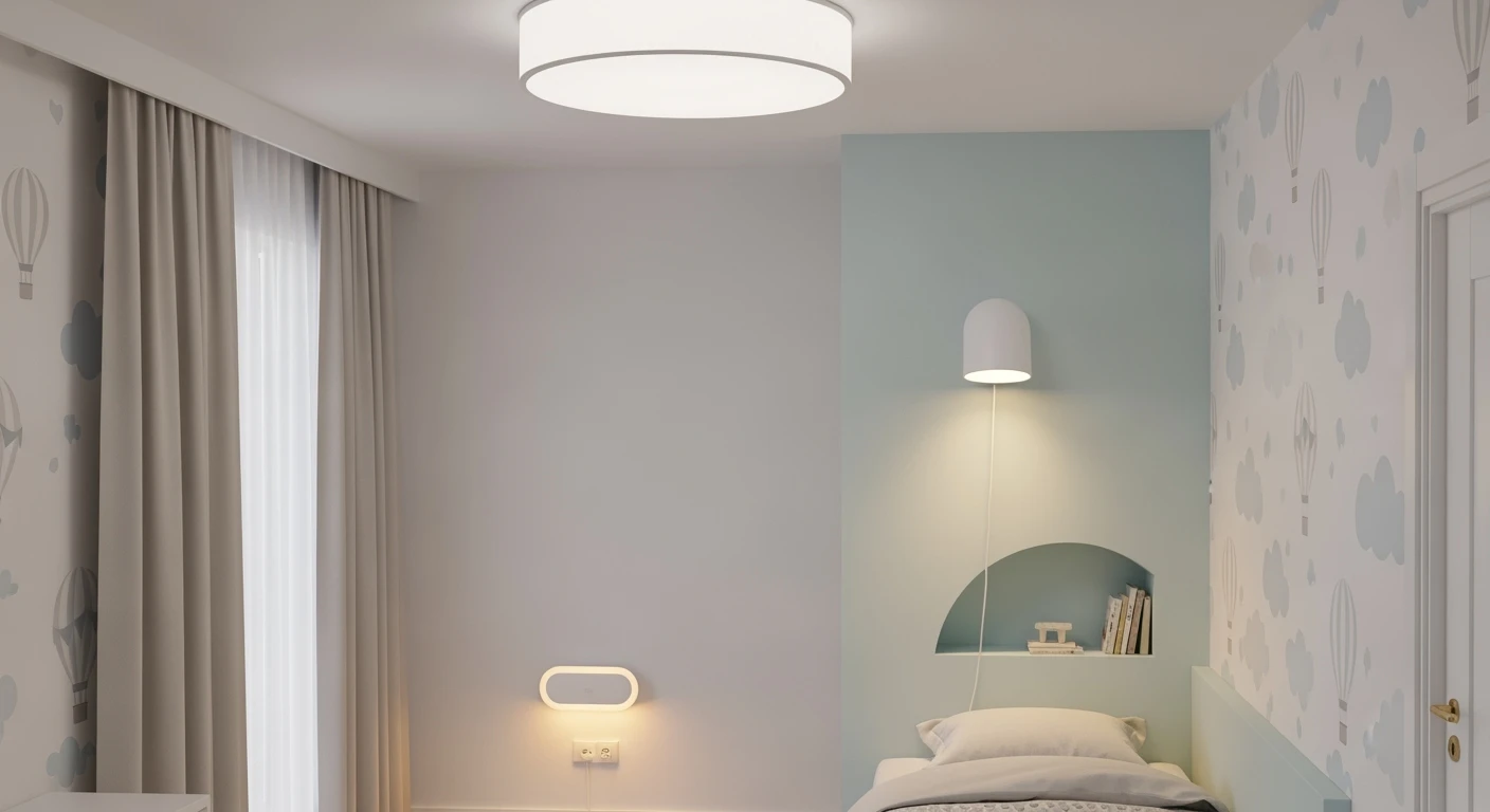 Licht kinderkamer: veilige wandlamp en nachtlampje zorgen voor rust in een lichte kinderkamer.