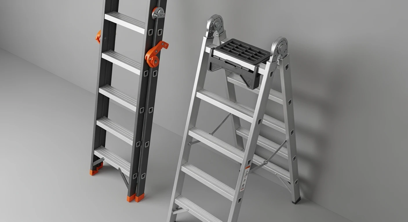 Ladder: Uitklapladder en telescoopladder tegen grijze muur. Details van constructie en veiligheid.
