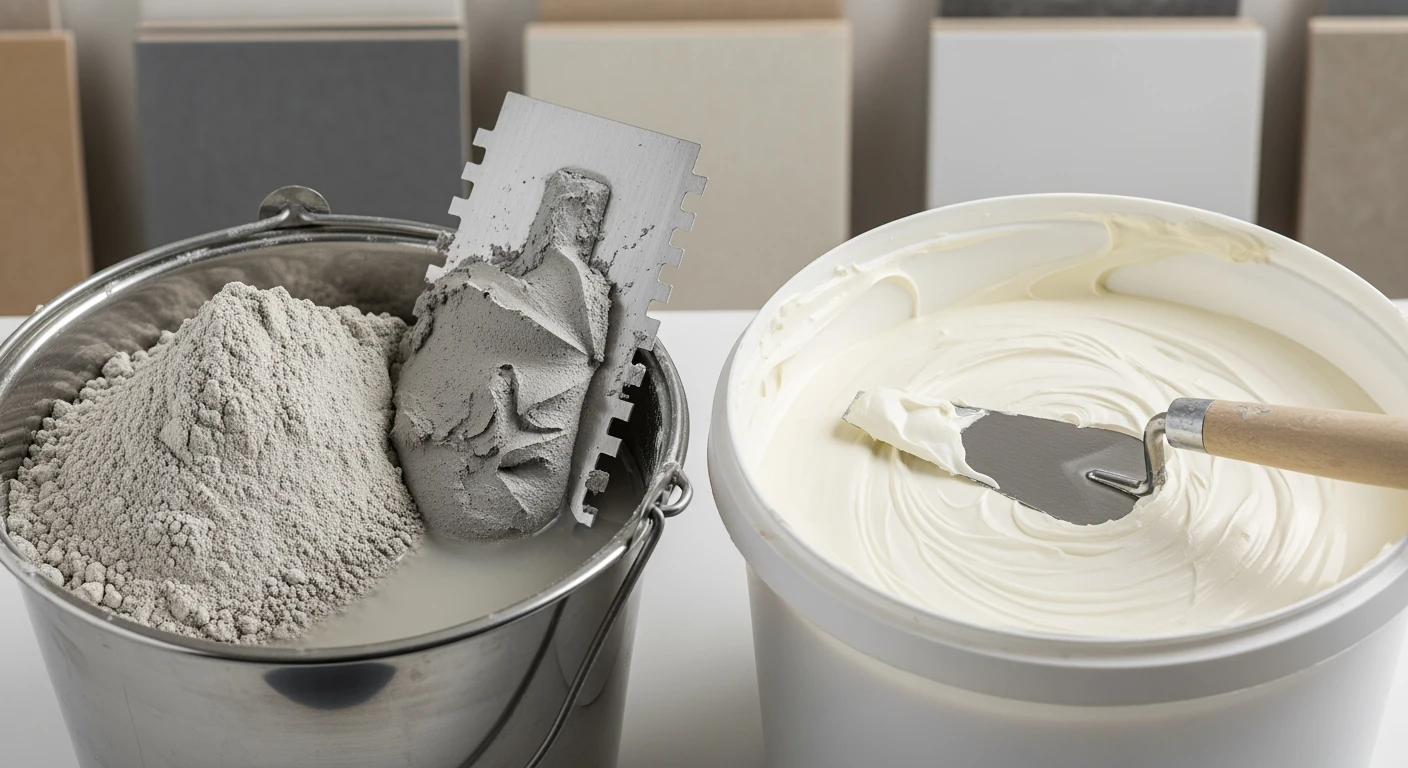 Tegellijm: Grijze poeder en witte pasta lijmtegel, met gereedschap en tegels.