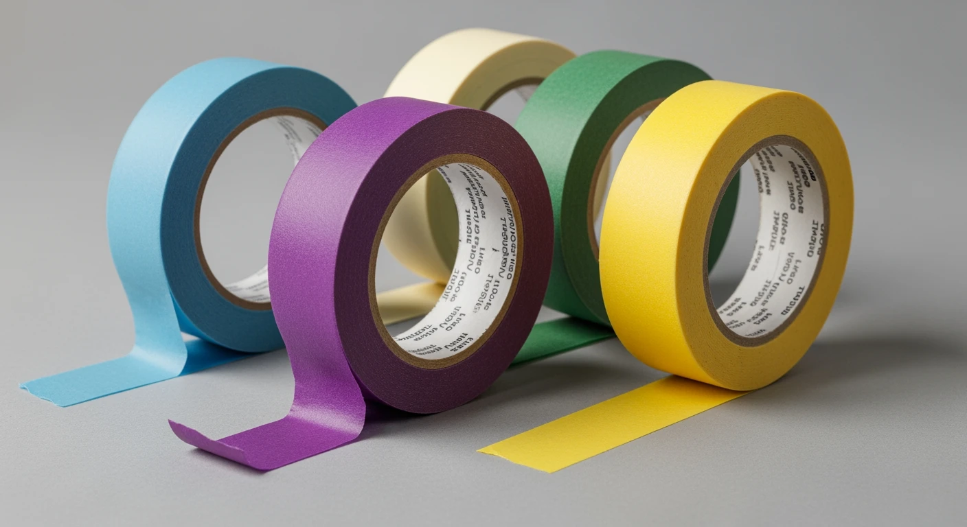 Diverse kleuren afplaktape (paars, geel, blauw, groen) close-up. Ideaal voor tape afplakken en strakke verflijnen.