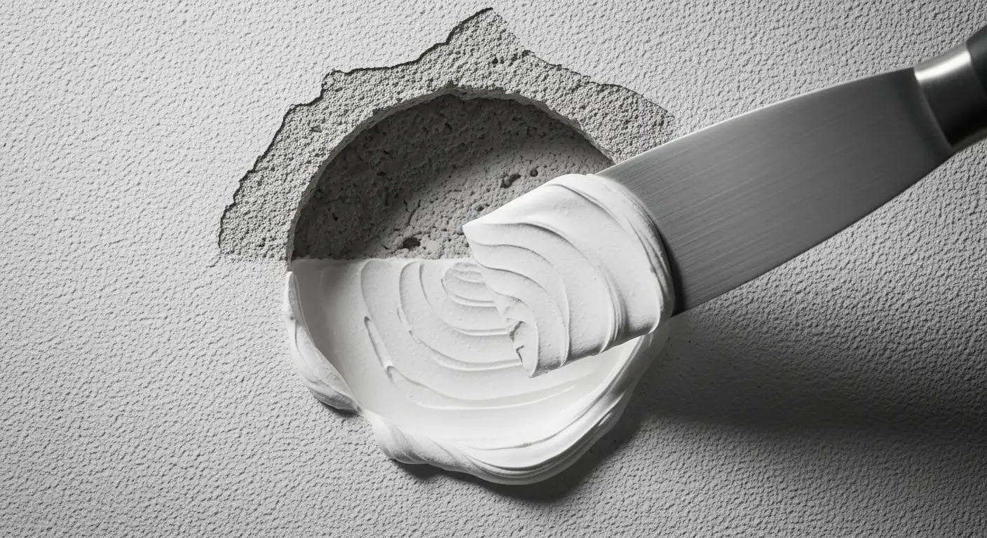 Muurvuller in gat. Close-up van reparatie met vuller muur en plamuurmes.