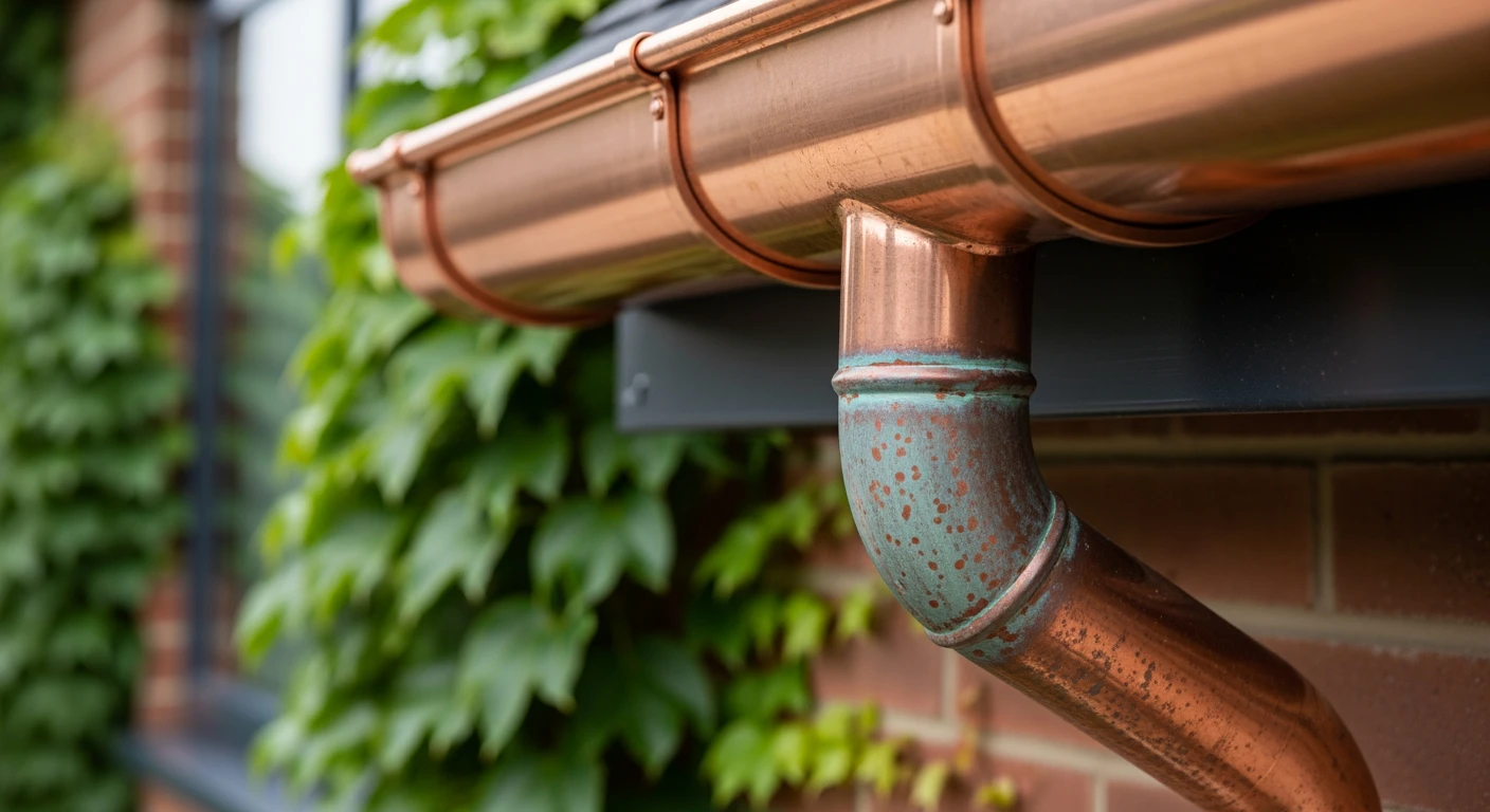 Koperen regenpijp detail op modern huis. Duurzame waterafvoer met patina.