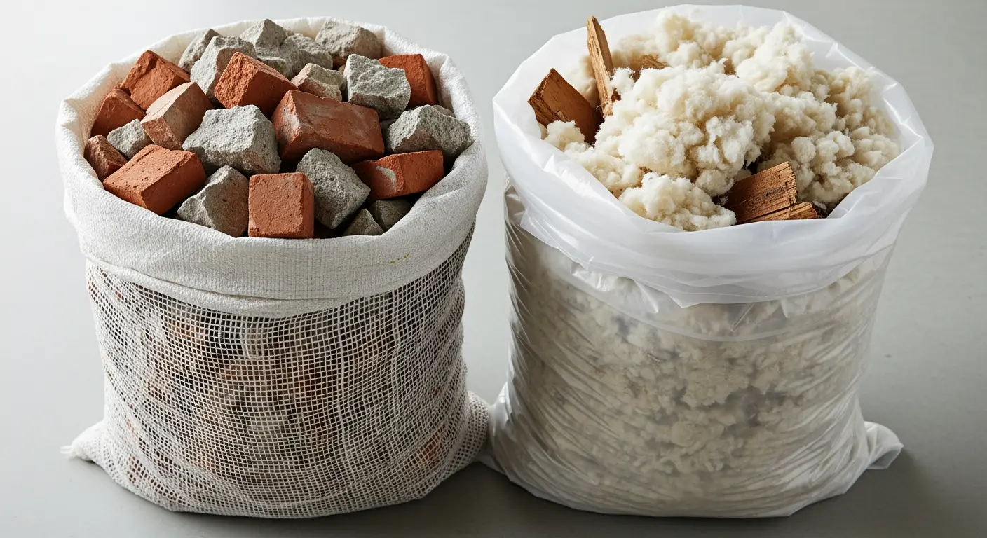 Puinzakken gevuld met bouwafval: geweven zak met stenen, plastic zak met isolatie.