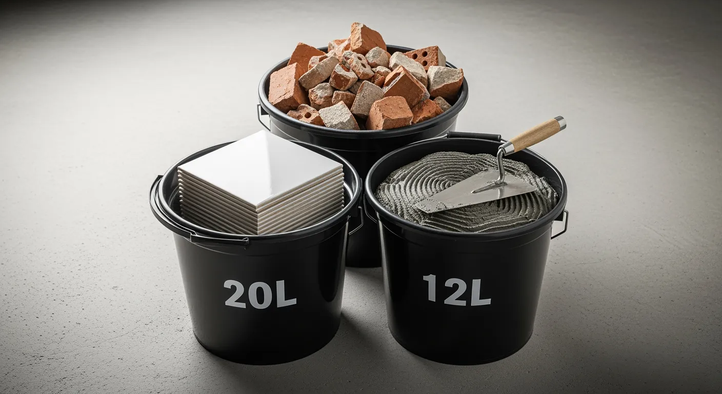 Bouwemmers: 12L met mortel, 20L met tegels, 40L met puin. Verschillende maten puinemmers voor elke klus.