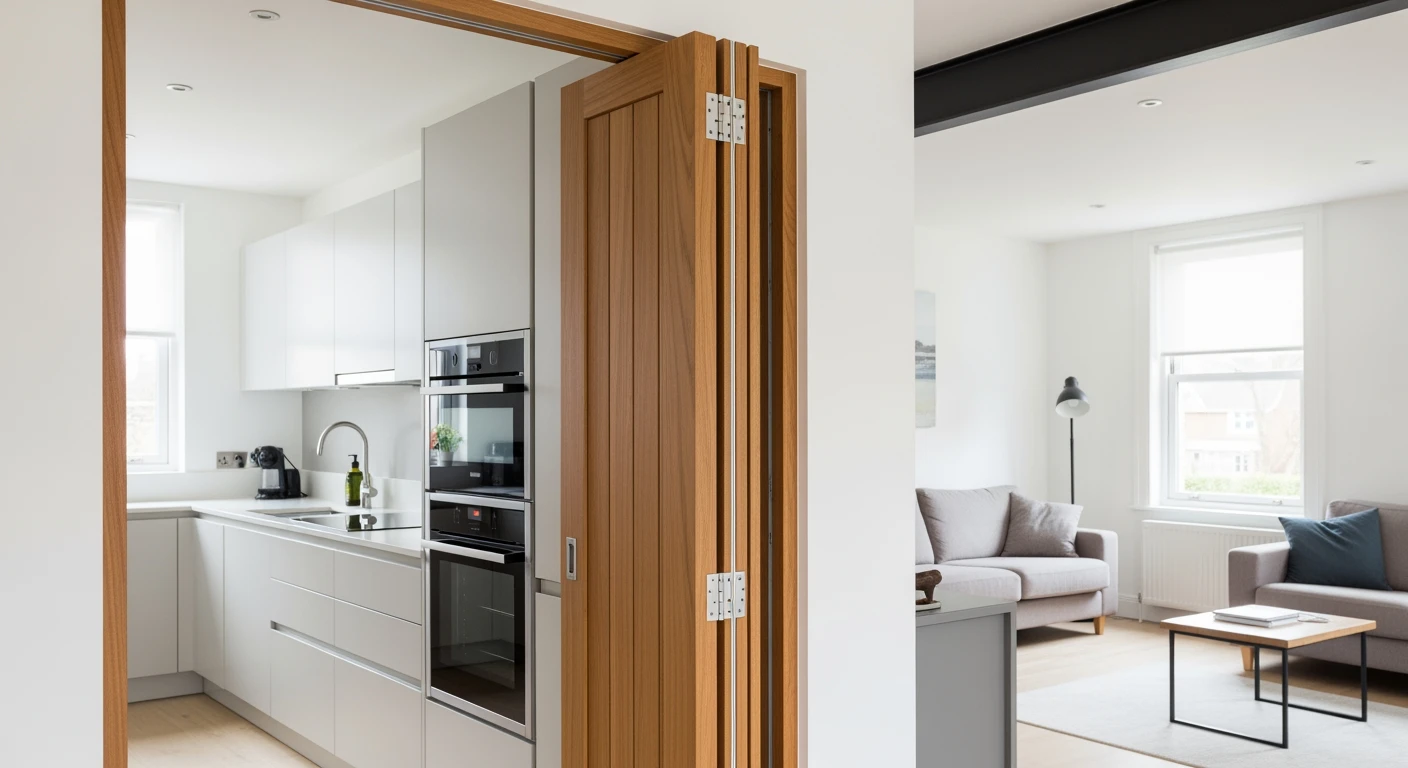 Teak **vouwdeur** deelt keuken en woonkamer. Stijlvol en ruimtebesparend design in modern interieur.