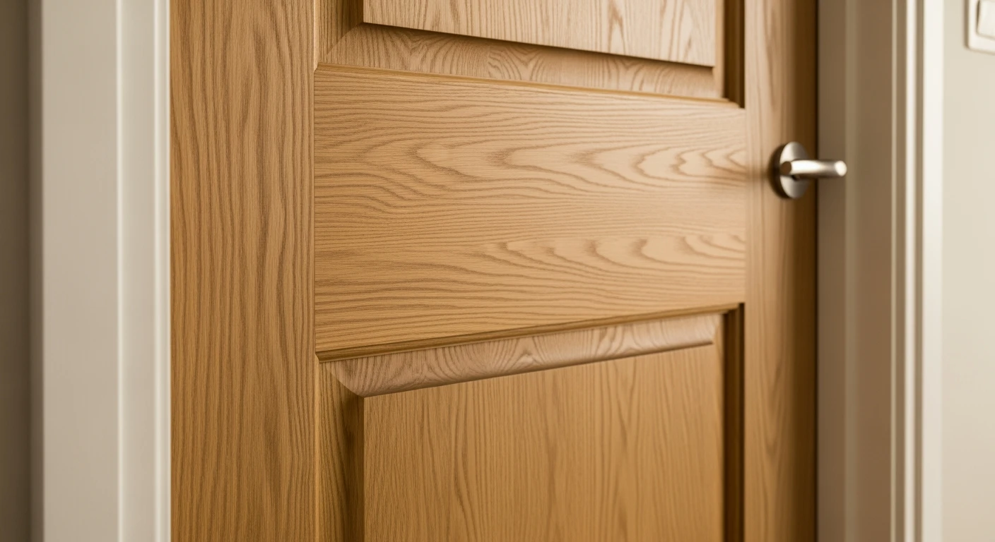 Massief houten deur van eikenhout. Elegant paneeldesign en natuurlijke afwerking.