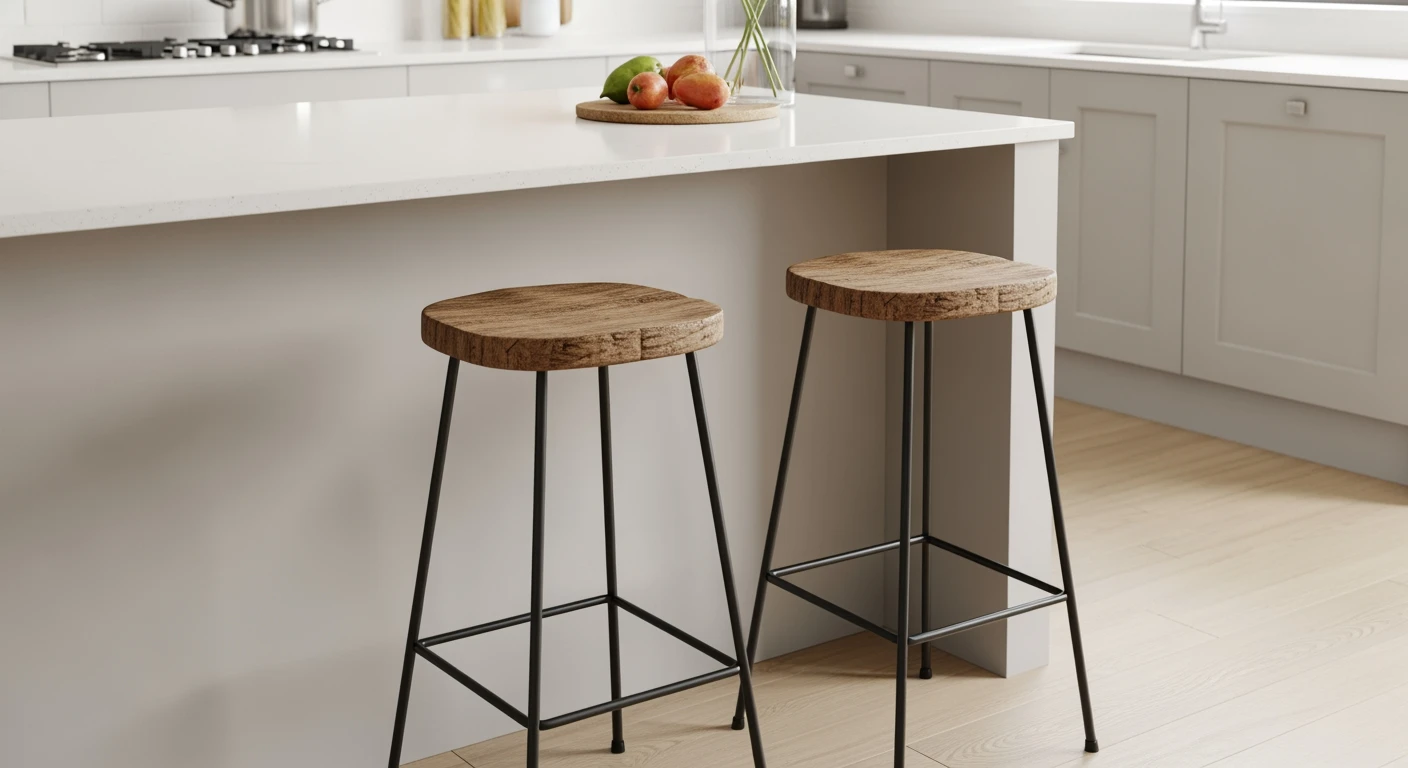 Moderne keuken met barkrukken (65cm) in vintage bruin bij een lichtgrijs kookeiland.