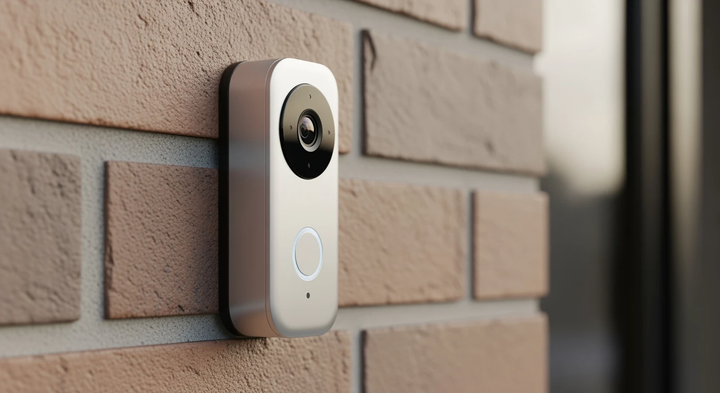 Strakke slimme deurbel op bakstenen muur. Moderne deurbel slim design in detail.