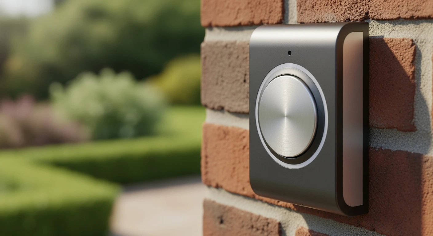 Draadloze deurbel gemonteerd op een bakstenen muur. Strak design voor een veilige entree.