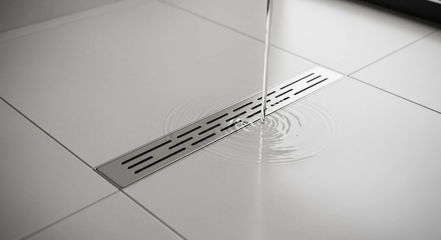 Moderne badkamer met strakke douchegoot in lichtgrijze tegelvloer.