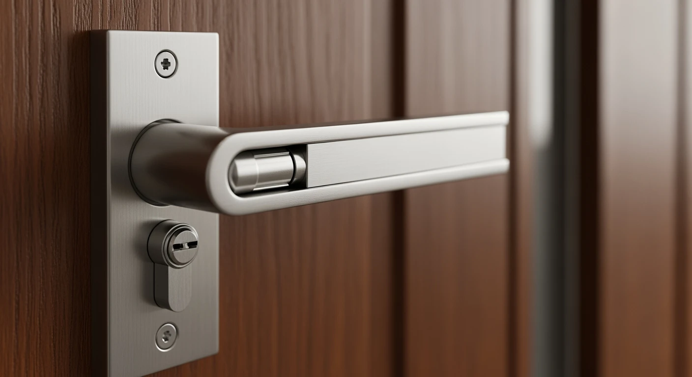 Modern deurbeslag buitendeur van geborsteld aluminium met geïntegreerde cilinderbescherming.